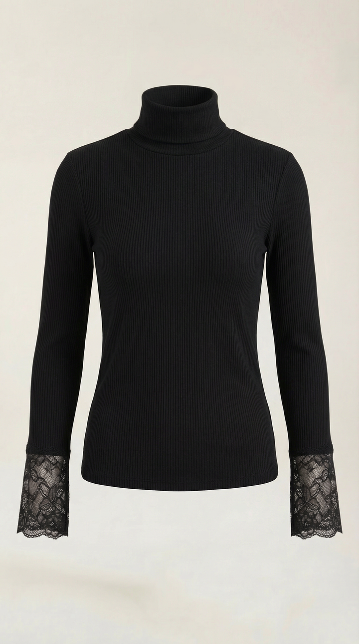 Beth Ribbed Lace-Cuff Turtleneck