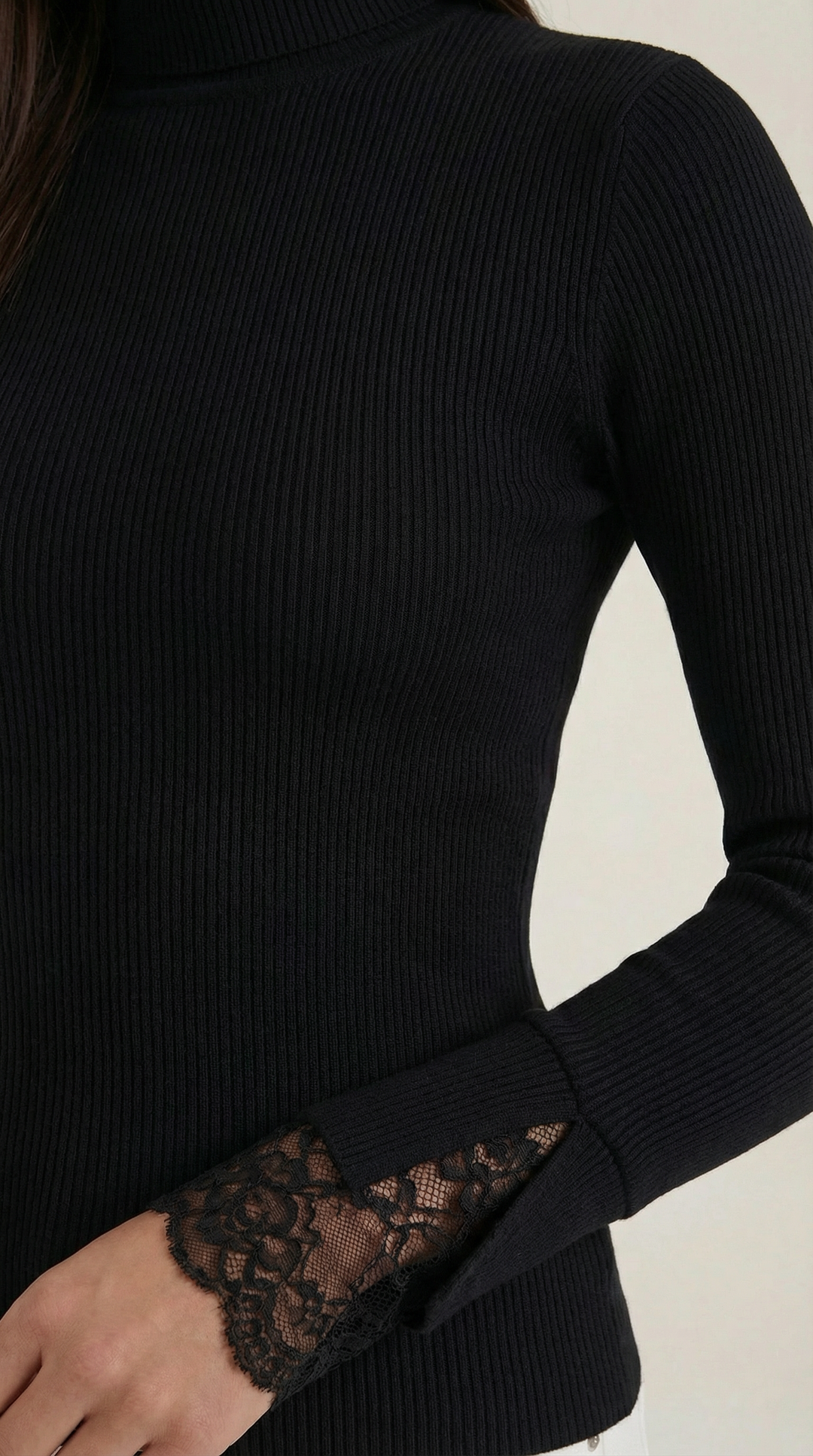 Beth Ribbed Lace-Cuff Turtleneck