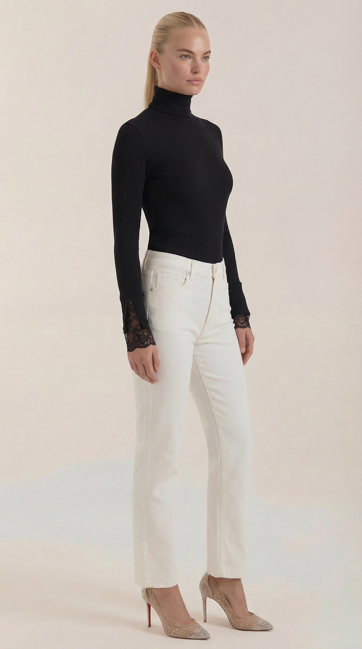 Beth Ribbed Lace-Cuff Turtleneck