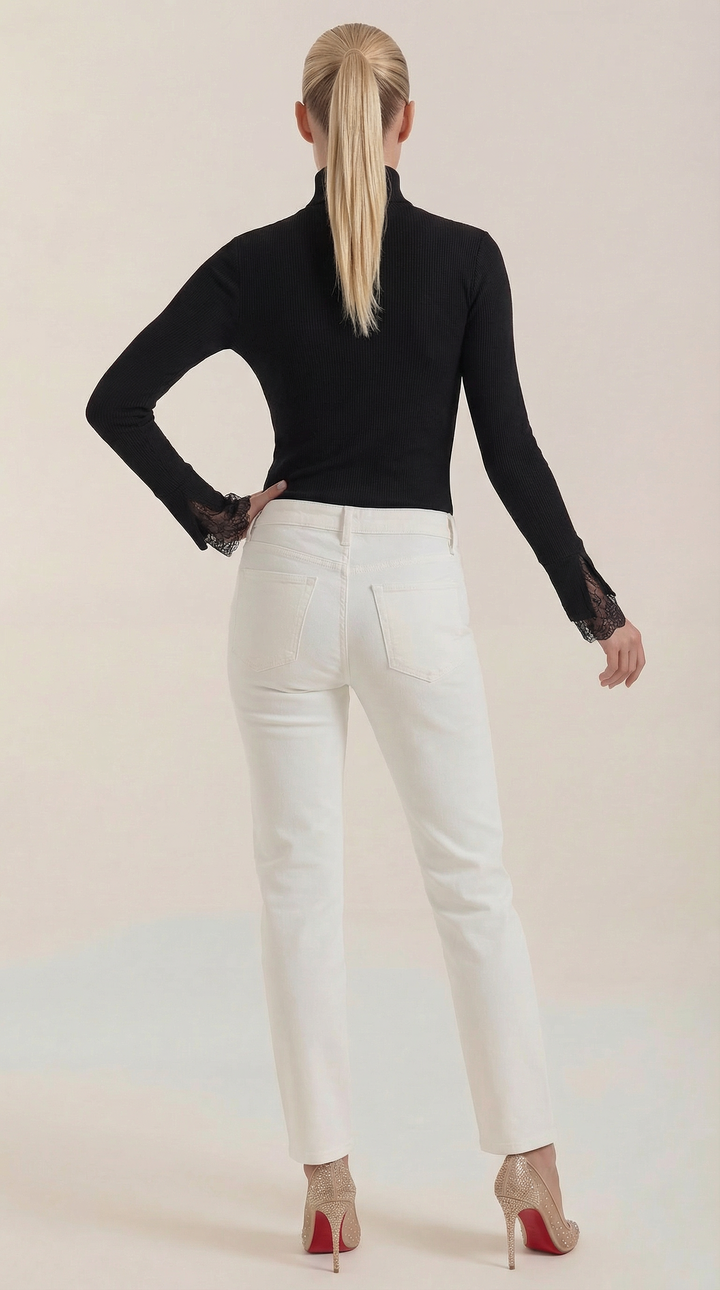 Beth Ribbed Lace-Cuff Turtleneck