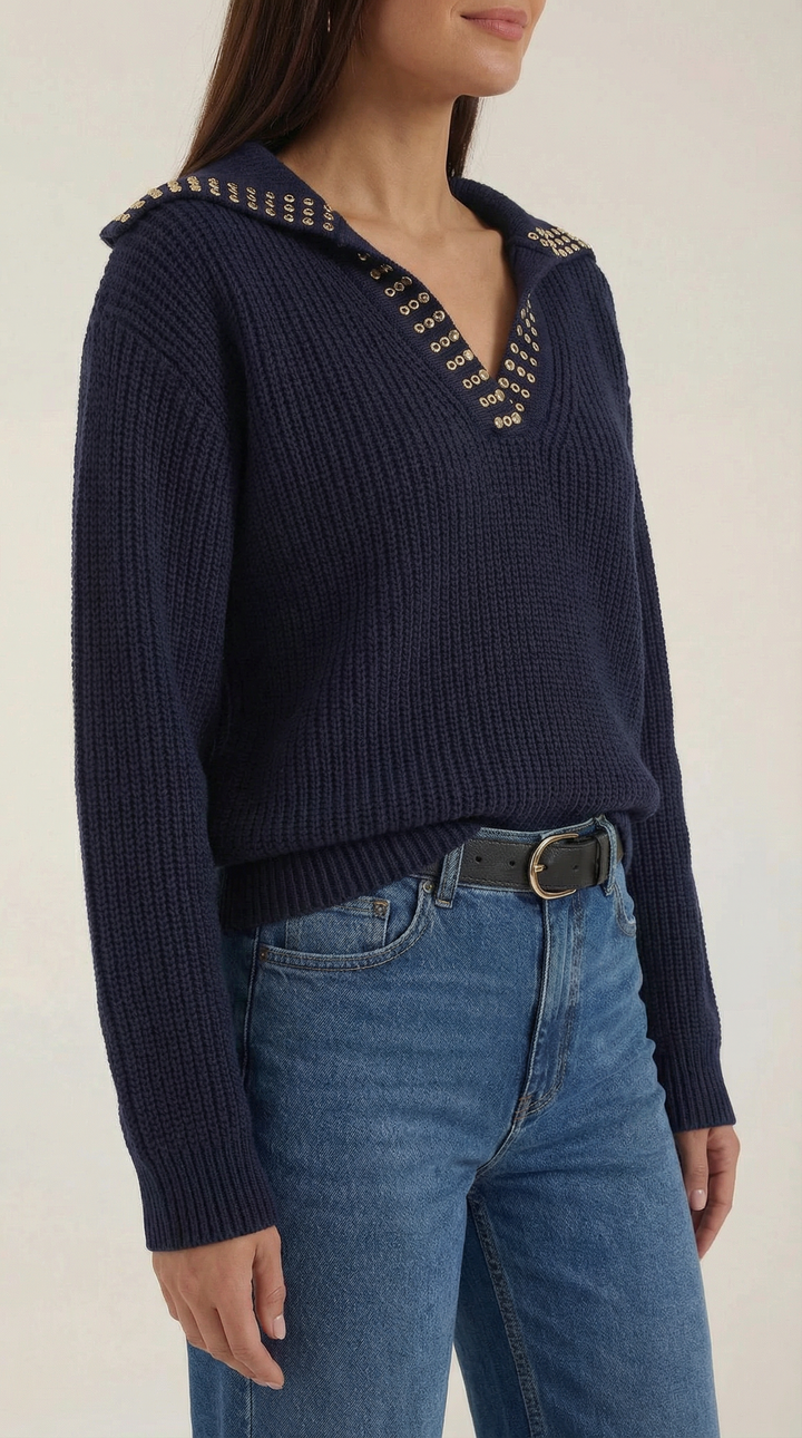 Darlene Studded V-Neck Collar Sweater