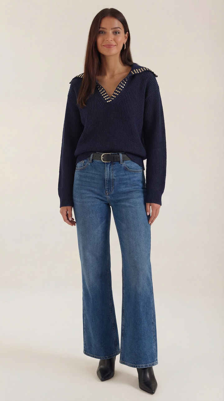 Darlene Studded V-Neck Collar Sweater