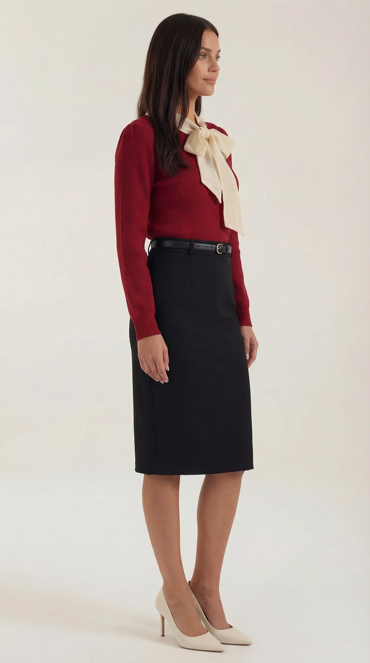 Jacqueline Ribbed Bow Neck Tie Sweater