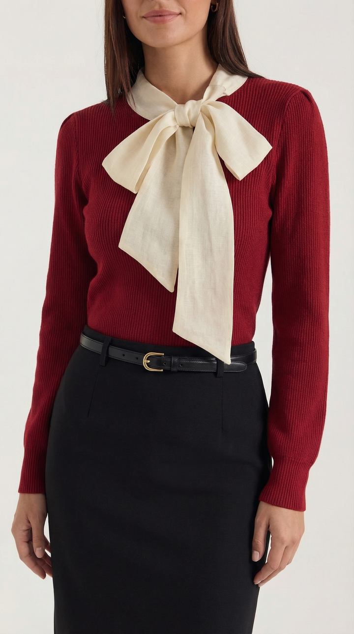 Jacqueline Ribbed Bow Neck Tie Sweater