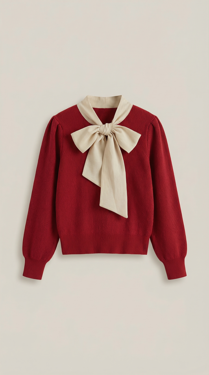 Jacqueline Ribbed Bow Neck Tie Sweater
